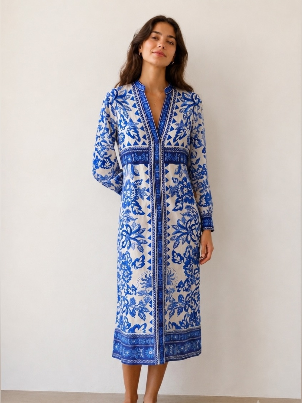 Caroline Costas Blue White Floral Mediterranean Linen Blend Maxi Dress Small NWT